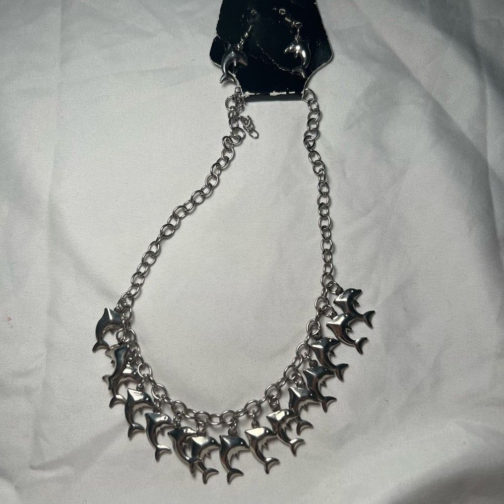 Silver tone Dolphin Charm Necklace and Earring Set
